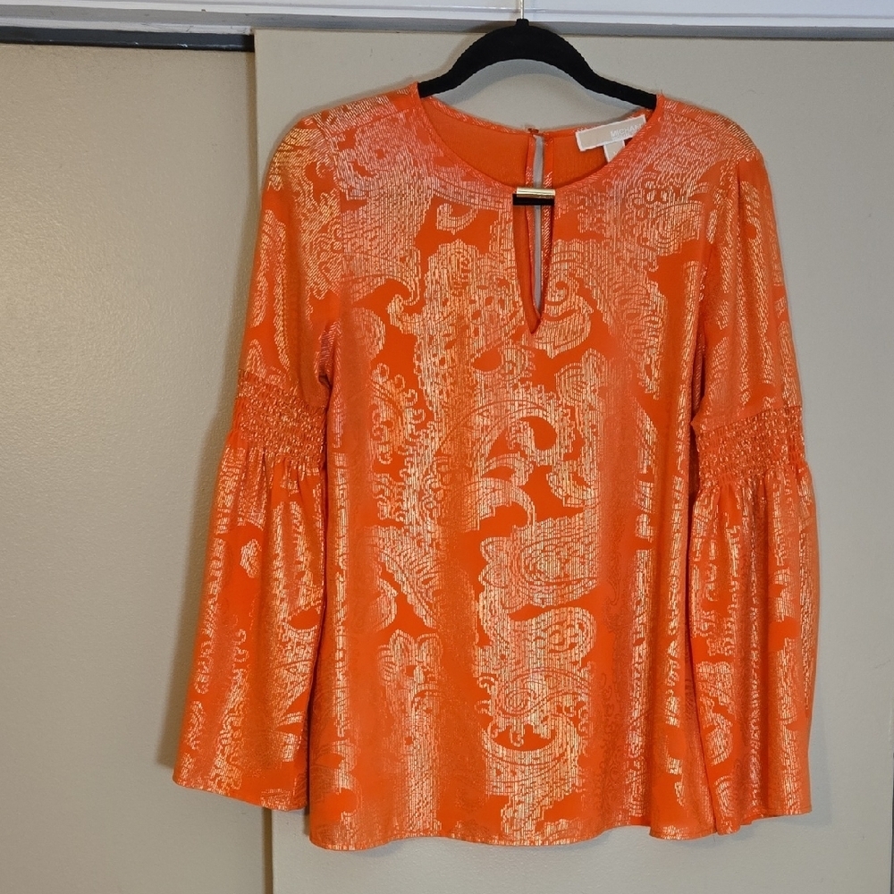 Michael By Michael Kors Orange & Gold Patterned Women's Top Size Medium